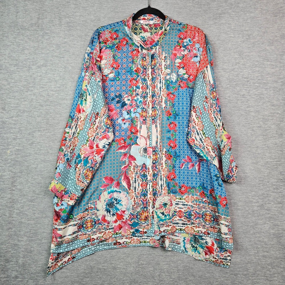 Johnny Was Silk Patchwork Floral Tunic Button Down Shirt Multicolor Womens Sz L